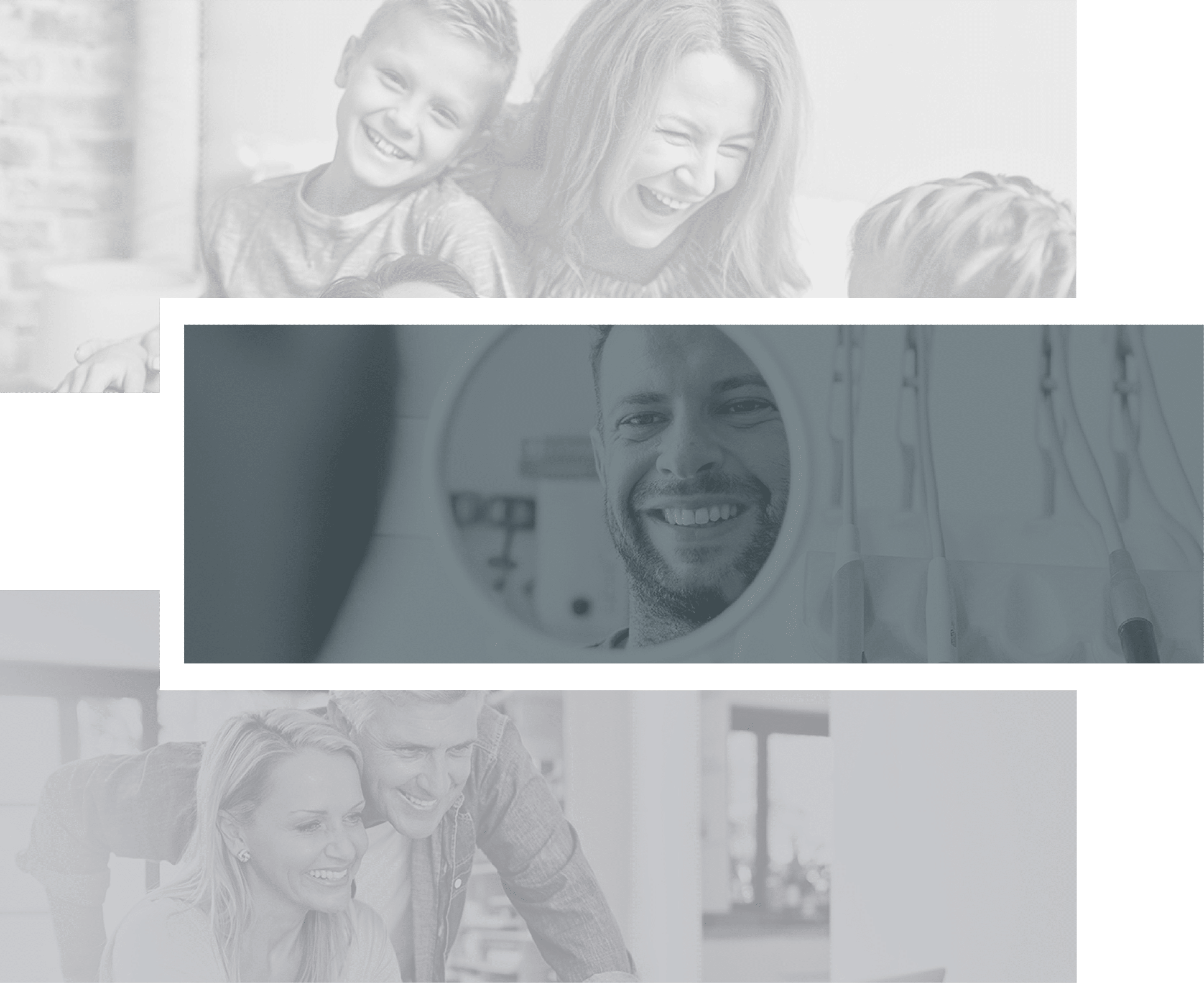 greyed out collage of 3 images with kids laughing, man smiling in a mirror, and a woman hugging a man