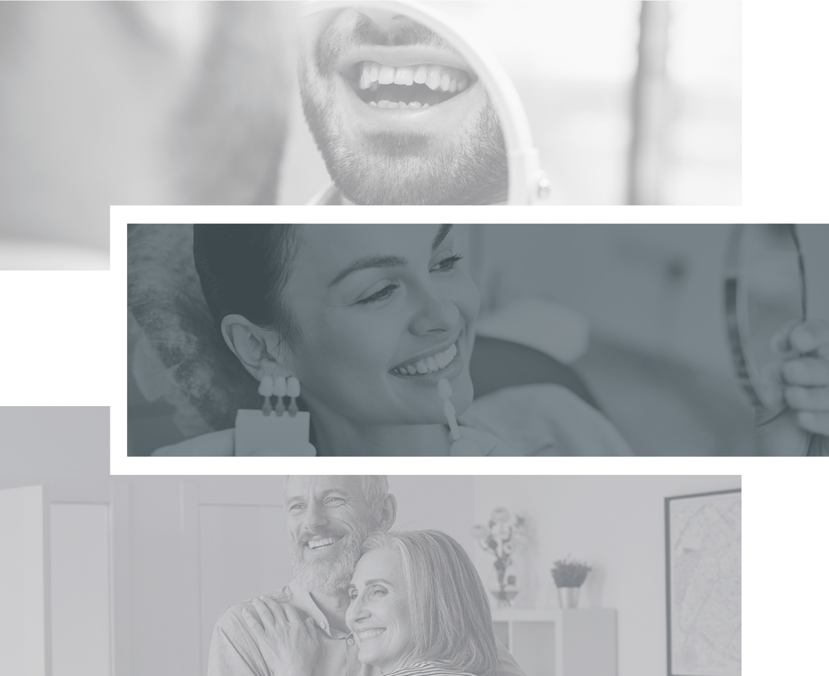 three images greyed out of a man looking in morror, woman at dentist, and older couple hugging